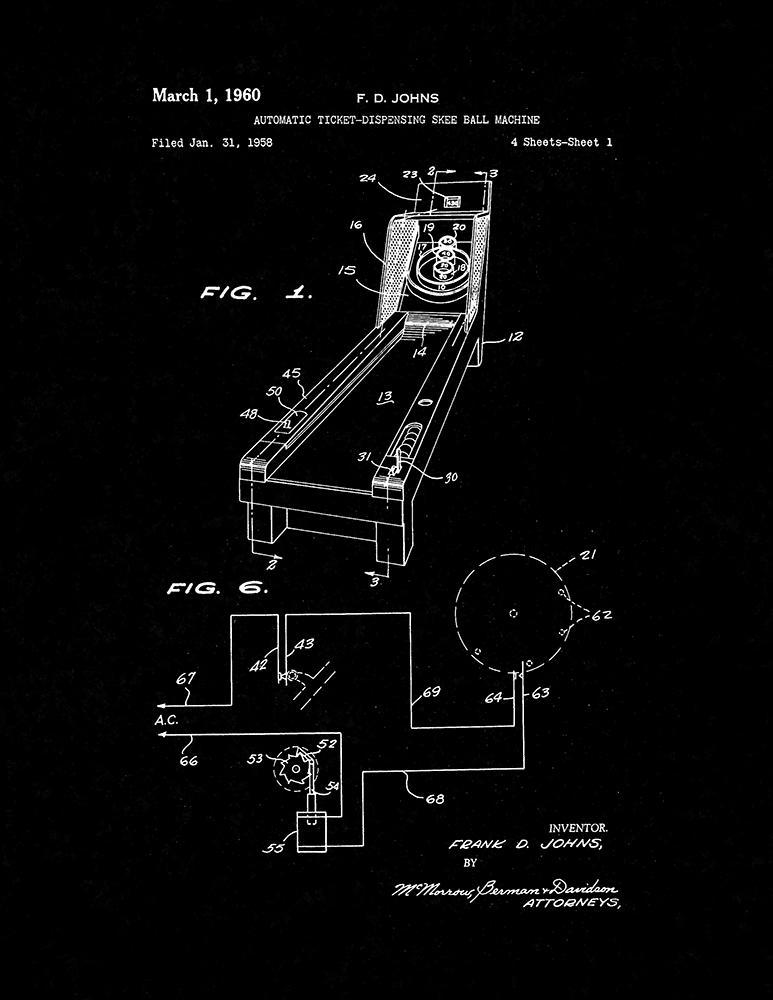 Automatic Ticket-dispensing Skee Ball Machine Patent Print - Black Matte