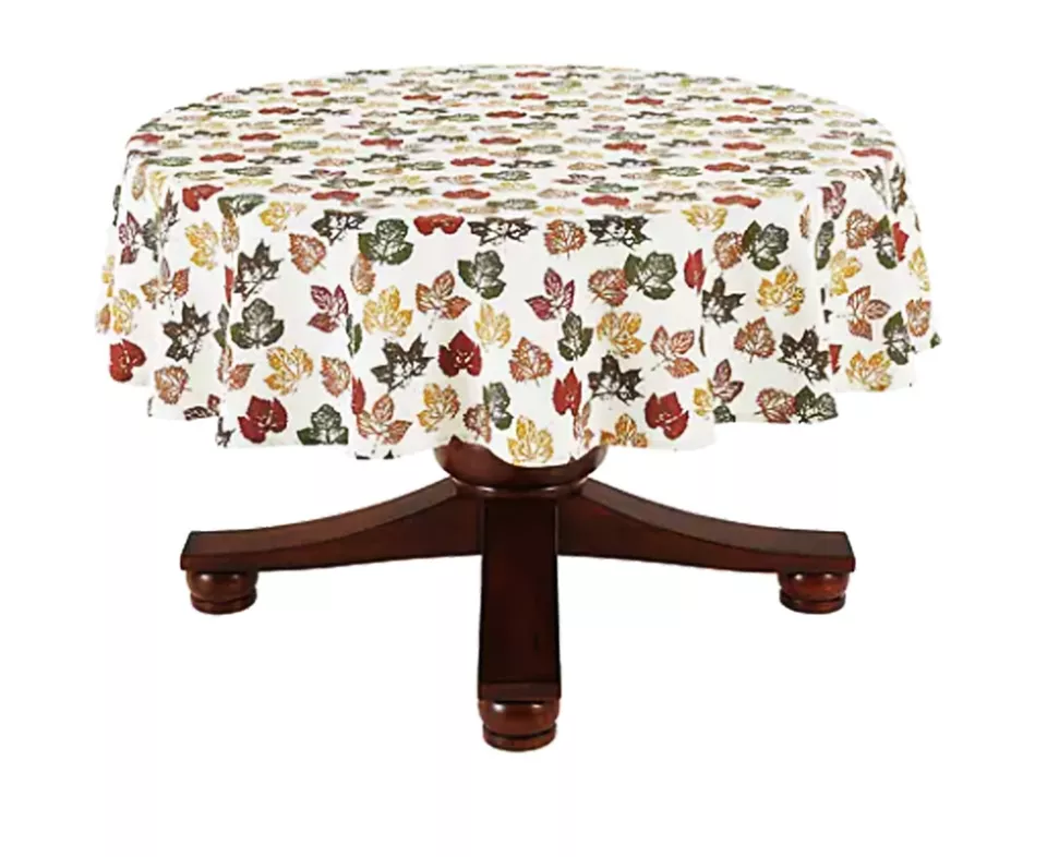 70 Round Fall Tablecloth Autumn Maple Leaves White Fabric Brown Rust Gold Green - £46.56 GBP