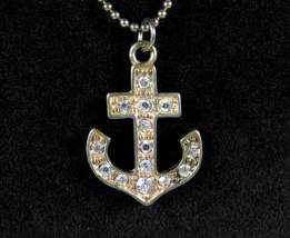 Rhinestone SHIP ANCHOR Vintage Necklace Pendant Nautical Boat Goldtone 16&quot; - £11.86 GBP