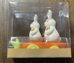 Ceramic Easter Bunny Rabbits Riding On Carrot Wagon Salt &amp; Pepper Shaker... - £15.98 GBP