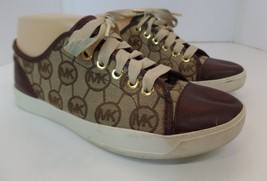 Michael Kors Athletic Sneakers 9 M Brown Signature Logo Lace Up Gold Hardware - £31.32 GBP