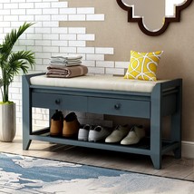 Merax Entryway Storage Bench With Cushioned Seat, Multipurpose, Antique Navy - £223.01 GBP