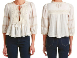 Free People Embroidered Top Medium 8  10 Ivory Breathable Cool 3/4 Sleeve NWT - £41.12 GBP