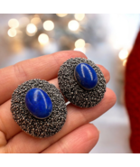 Massive Vintage Jewelry Clips Earrings Sterling Silver 925 Lapis Lazuli ... - $188.10