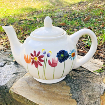 Rae Dunn Teapot Watercolor Bloom Stem Flowers Artisan Collection Magenta Perfect - £14.48 GBP