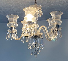 Vintage Crystal Prism Glass 5 Light Chandelier w/ Glass Shades ~ 1950&#39;s - £393.17 GBP