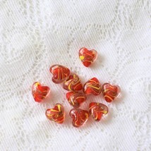 Lampwork Glass Hearts, Red Core With Yellow, Gold, 10 beads 15mm - £4.30 GBP
