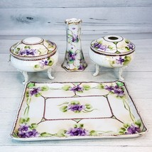 Vintage Porcelain Dresser 6pc Violet Flowers Tray Hair Receiver &amp; Pin Va... - $67.89