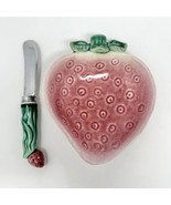 Strawberry  Shaped Bowl W Spreader Ceramic Farmhouse Granny Chic Red Gre... - $31.54 CAD