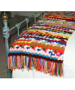 Vintage Multicolor Afghan Throw/End of Bed Coverlet with Fringe 81" x 36" - $50.98