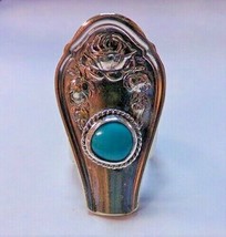 Silverplate Roses &amp; Sleeping Beauty Turquoise Spoon Ring Sz 9 Huge 1 3/4&quot;  - $29.99