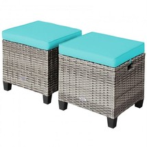 Ottoman Seat 2PCS Patio Rattan Wicker  with Removable Cushions-Turquoise - £98.17 GBP