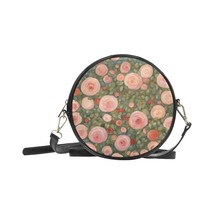 Round Sling Purse Art Nouveau Pink Roses 8 Inches Black PU Leather - £38.16 GBP