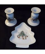 MING PAO 3 pc set WOODLAND CHRISTMAS Tree Candy Dish 2 Candle Sticks Hol... - $41.52 CAD