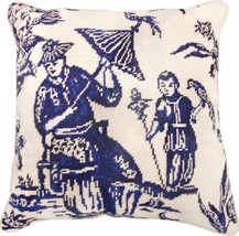 Throw Pillow Chinoiserie Asian Boy With Bird 18x18 Blue Cotton Velvet Back Down - £239.00 GBP