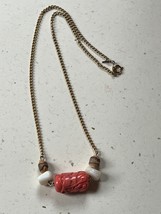 Estate Goldtone Chain w Carved Coral Plastic Barrel w Cream Nugget &amp; Tiny Wood B - £10.29 GBP