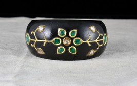 Natural Black Jade Mughal Jadau Bracelet Bangle With Emerald Diamond 22K Gold - £1,726.32 GBP