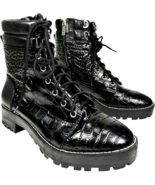 Gianni Bini women&#39;s Croc Embossed Black Leather Zip Lace-up Combat Boots... - $55.11 CAD