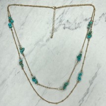 Faux Turquoise Beaded Gold Tone Double Strand Chain Link Necklace - £5.53 GBP