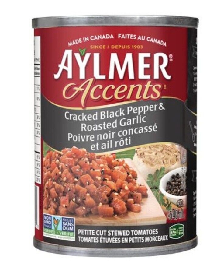 Primary image for 12 Cans Of Aylmer Accents Cracked Black Pepper & Roasted Garlic 18.2 oz Each