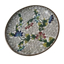 Vintage Brass Chinese Cloisonne Enameled Plate Lotus Flowers White - £13.78 GBP