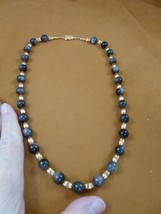 (v445-3) 20&quot; long silver black obsidian gemstone + gold alloy bead Necklace - £42.53 GBP