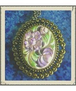Hand-painted cameo pendant w soft muted purple flowers & green leaves in bronze - $12.95