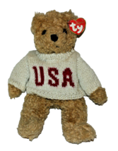 Ty Classic &quot;Baby Curly&quot; Teddy Bear White &amp; Red Usa Sweater 8&quot; Sitting - £9.55 GBP