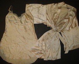 Victoria&#39;s Secret S,M SLIP nightie+M/L KIMONO robe SATIN yellow GOLD bei... - £93.14 GBP