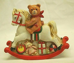 Flambro Christmas Bear Riding Rocking Horse Xmas Bisque Ornament Figurine - $19.79