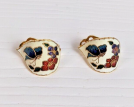 Vintage gold tone CLOISONNE clip on Serrated Leaf Design Earrings butterfly - £15.52 GBP
