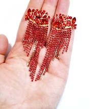 Red Drop Earrings, Bridesmaid Rhinestone Earrings, 3.5 Inch Pageant Jewelry, Cry - £30.18 GBP