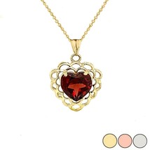 10k 14k Solid Gold Garnet Filigree Heart January Birthstone Pendant Necklace - £96.29 GBP