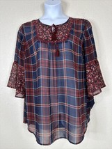 Catherines Womens Plus Size 0X Sheer Red/Blue Plaid Tassled 3/4 Sleeve - $17.46