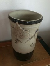 Hand Thrown Large Tan w Dark Brown Glaze Cylindrical Art Pottery Vase w Veined M - $19.39