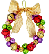 Bells Colorful Christmas Wreath Gold Ribbon Holiday Decor - £15.62 GBP