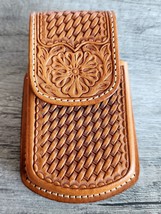 Western hand tooled floral basket weave tan leather back clip small hold... - $25.37