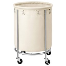 Round 45-Gallon Laundry Basket Hamper w/ Cream Fabric Bag Steel Frame on Wheels - £121.53 GBP