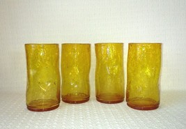 Crackle Glass Pinched Design Canary Yellow 5 1/2&quot; Highball Glasses Tumbl... - £39.56 GBP