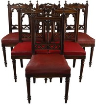 Antique Dining Chairs French Gothic Set 6 Walnut Wood Red Upholstery  - £2,709.54 GBP