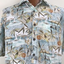Campia Moda Hawaiian Aloha Shirt Sz L Rayon Tiki Huts Sailboat Hibiscus ... - $26.24