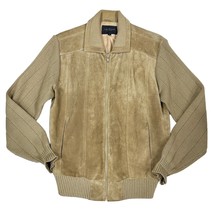 70s 80s VTG Van Heusen Sz L Beige Leather &amp; Knit Jacket Ribbed Waist &amp; C... - $60.59