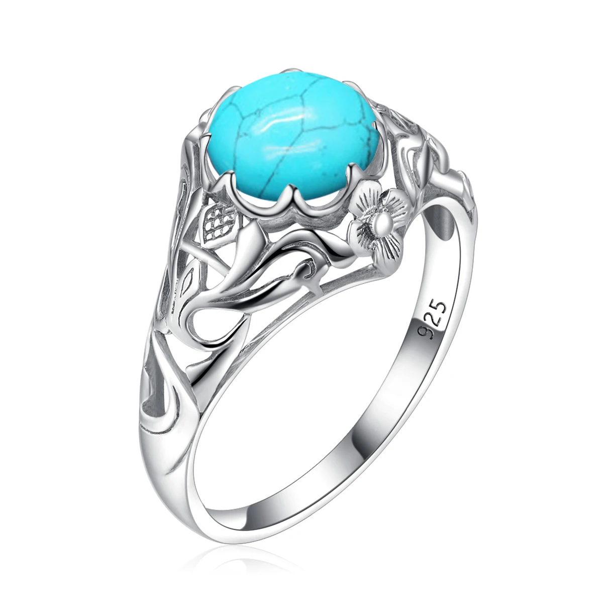 Silver Turquoise Ring For Women Flower Fleur De Lis Filigree With Stone Trendy J - £41.77 GBP