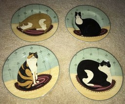 2000 Sakura Warren Kimble Cat Collection 8&quot; Stoneware Salad Plates Set of 4 Mint - £28.14 GBP
