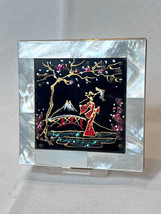 Vtg Volupte Mother Of Pearl Asian Scene Compact Mirrored Powder Box With... - $59.35