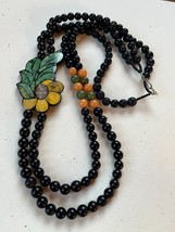 Vintage Long Double Strand Black w Yellow &amp; Green Plastic Bead  &amp; Large Sunflowe - £15.46 GBP