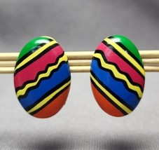 Vintage 1980s Fashion Multicolor Painted Wooden Oval Clip-on Earrings Je... - £12.44 GBP