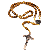 Rosary Bead Crucifix Necklace Light Wood Tone Saint Benedict Catholic Jewellery - £7.98 GBP