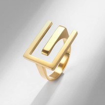 Unisex gold tone stainless steel adjustable E-shaped ring Size 6.5 - £15.32 GBP