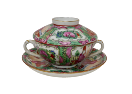 Chinese Famille Porcelain Bouillon Soup Cup with Cover and Under Plate - $39.99